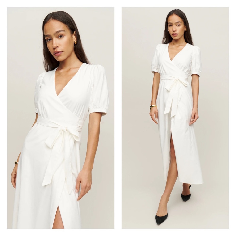 NWOT Reformation Linen Wrap Midi Kaelie Puff Sleeve Dress White Size Small